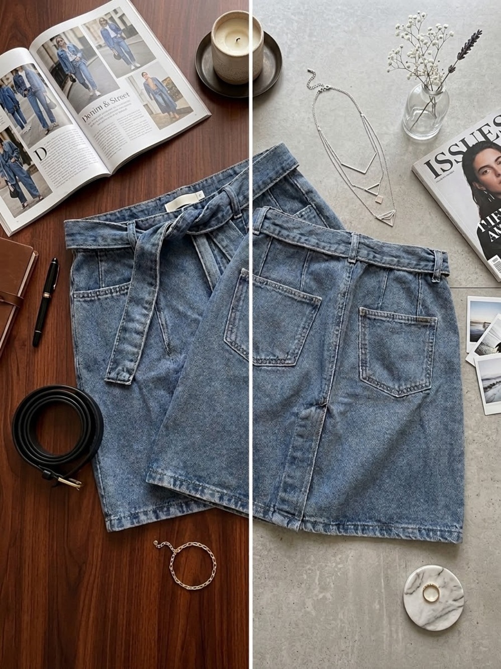 High-Waist Blue Denim Skirt with Belt